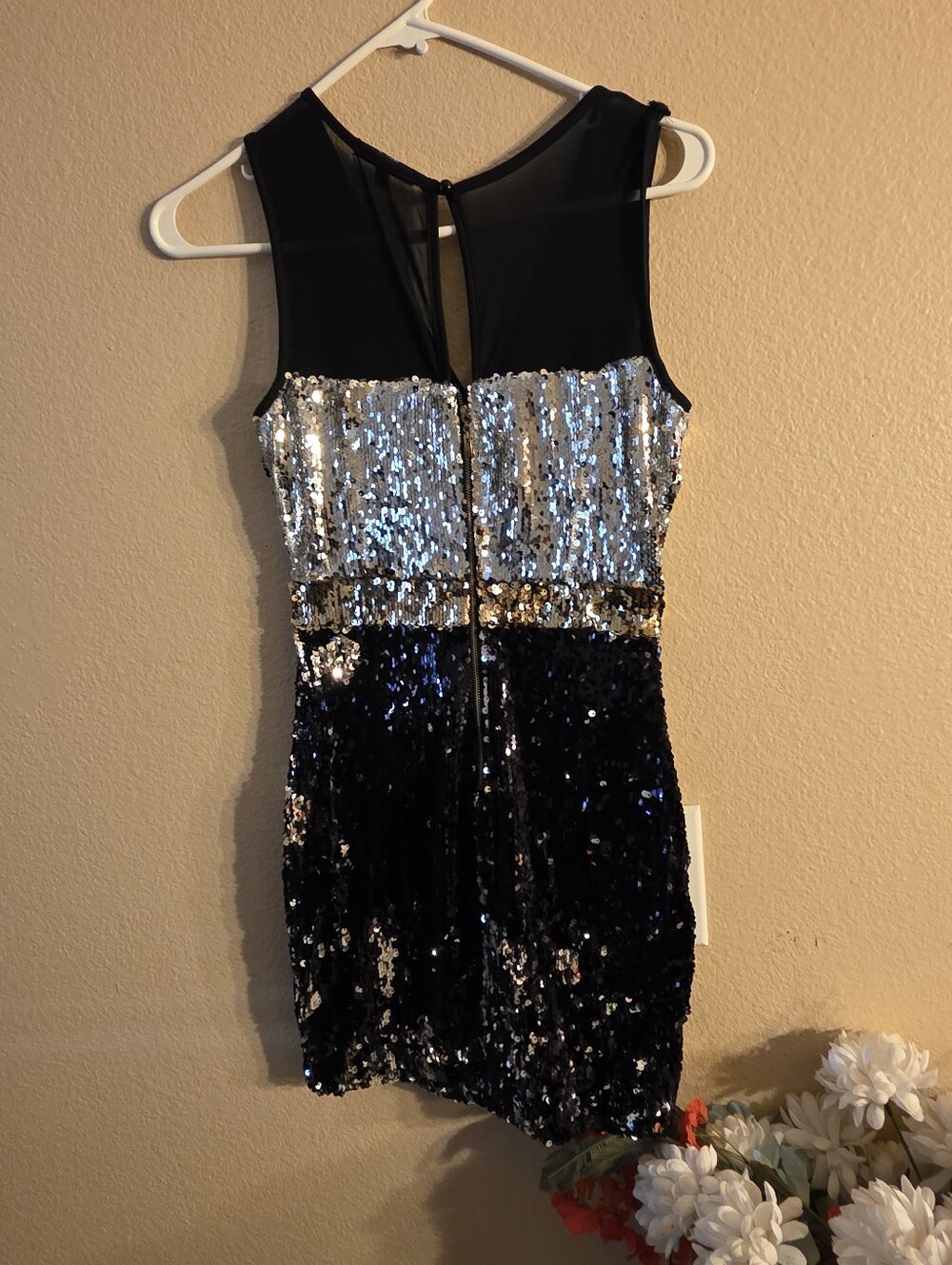 Girls Sleeveless Navy and Silver Sequin Party Dress with Gold Waist Accent